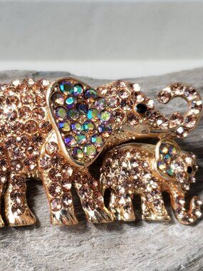 New Amber Rhinestone Elephant Brooch Momma and Baby AB Stones